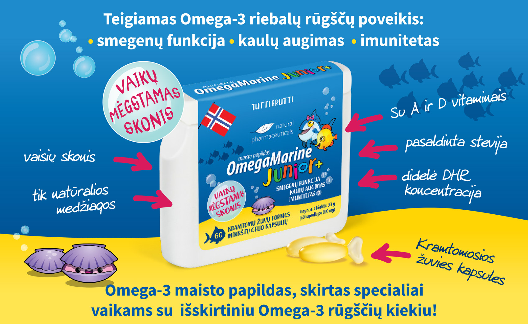 Natural Pharmaceuticals „OmegaMarine Junior+“ „OmegaMarine Junior+“+ žuvies formos Omega-3 kapsulės vaikams su A, D vitaminais, stevia ir dideliu DHR kiekiu.