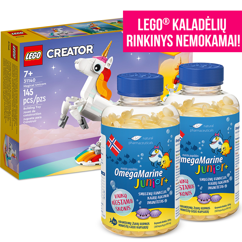 Natural Pharmaceuticals „OmegaMarine Junior+“ Dvi didelės pakuotės „„OmegaMarine Junior+““ ir „LEGO Constructor“ blokelių su vienaragiu.