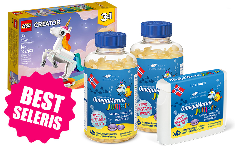 Natural Pharmaceuticals „OmegaMarine Junior+“ Dvi didelės pakuotės „„OmegaMarine Junior+““, viena maža pakuotė ir „LEGO Constructor“ blokai su vienaragiu.