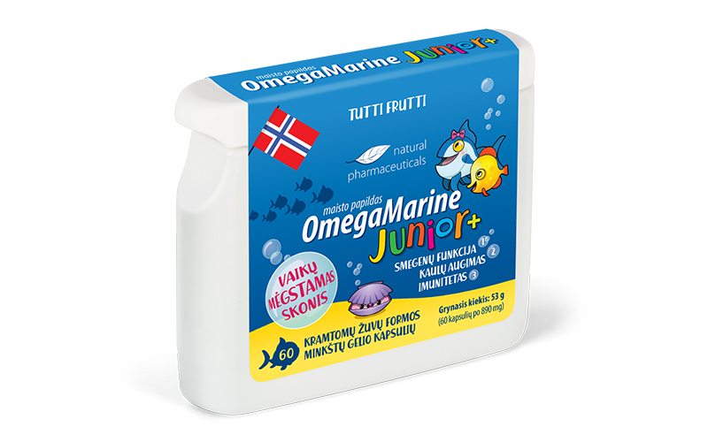 Natural Pharmaceuticals „OmegaMarine Junior+“ „OmegaMarine Junior+“ yra maisto papildas vaikams, kuris palaiko smegenų funkcijas, regėjimą ir imuninę sistemą.