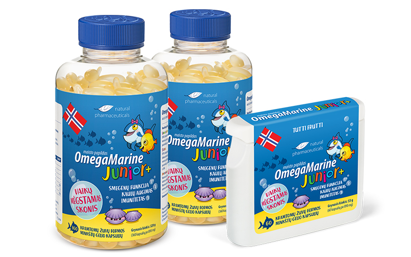Natural Pharmaceuticals „OmegaMarine Junior+“ „OmegaMarine Junior+“ papildai vaikams smegenų funkcijai, kaulų augimui ir imuninei sistemai, minkštos žuvų formos kapsulės.