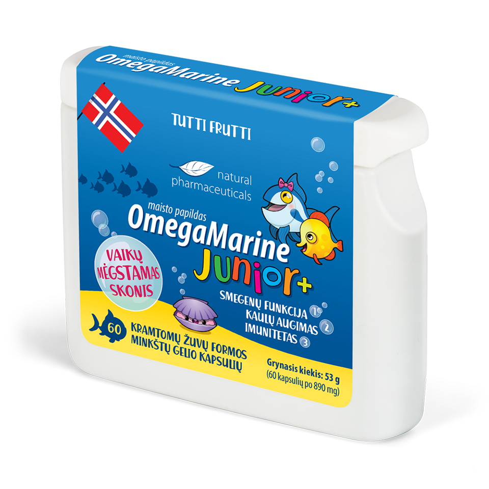 Natural Pharmaceuticals „OmegaMarine Junior+“ „OmegaMarine Junior+“ vaikiški kramtomi žuvų formos omega-3 kapsulės smegenų funkcijai, kaulų augimui ir imunitetui.