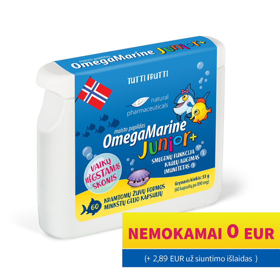 Natural Pharmaceuticals „OmegaMarine Junior+“ „OmegaMarine Junior+“ yra maisto papildas vaikams, kuris palaiko smegenų funkcijas, regėjimą ir imuninę sistemą.
