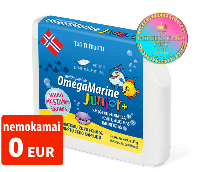 Natural Pharmaceuticals „OmegaMarine Junior+“ „OmegaMarine Junior+“ yra maisto papildas vaikams, kuris palaiko smegenų funkcijas, regėjimą ir imuninę sistemą.