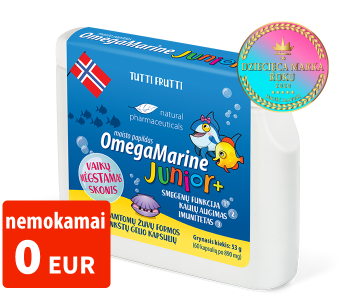 Natural Pharmaceuticals „OmegaMarine Junior+“ „OmegaMarine Junior+“ yra maisto papildas vaikams, kuris palaiko smegenų funkcijas, regėjimą ir imuninę sistemą.